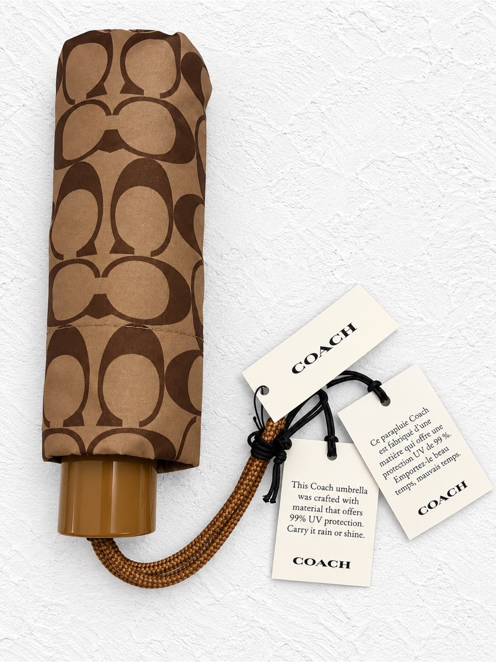 Coach Signature C Brown Compact Umbrella with Matching Sleeve & Original Tags